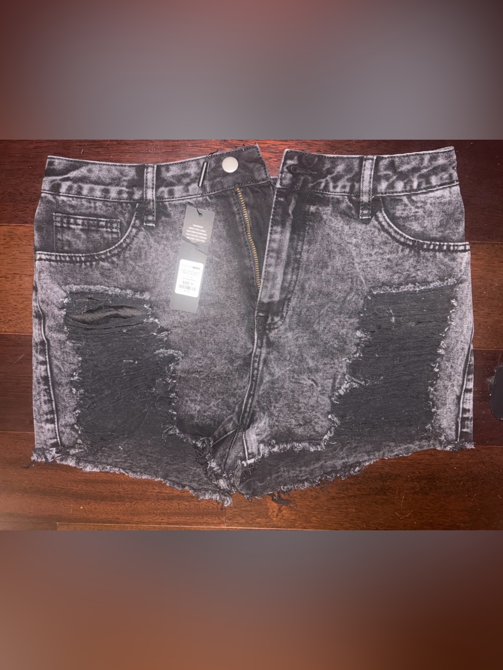 Fashion Nova Black Acid-Wash Distressed Denim Shorts